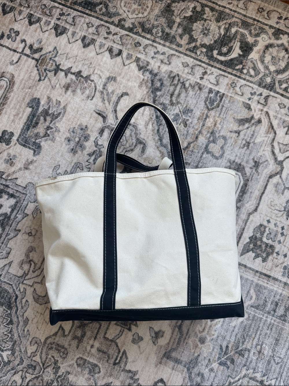 L.L. Bean Boat and Tote White Canvas Tote with Black Trim and Handles